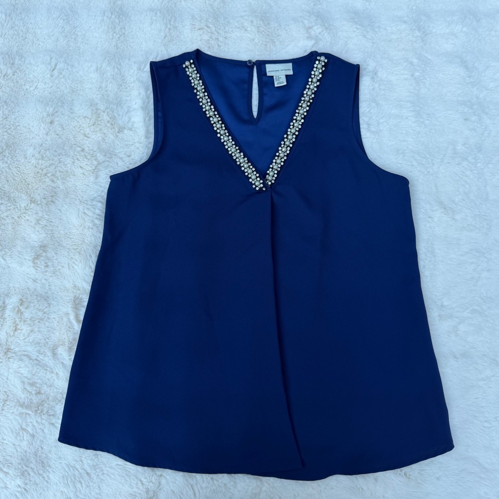 Adrienne Vittadini Navy Blue Pearl Rhinestone Embellished Sleeveless Blouse M